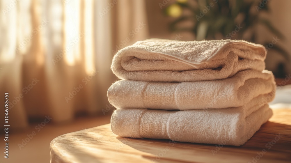 Poster A neat stack of soft white towels rests on a wooden table, illuminated by warm sunlight streaming through sheer curtains. Generative AI