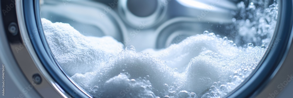 Poster a washing machine drum is packed with fluffy white towels, surrounded by bubbles during the wash cyc