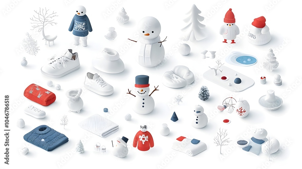 Aufkleber peaceful and serene 3d isometric depicting the winter season with cozy sweaters snowmen and frozen l