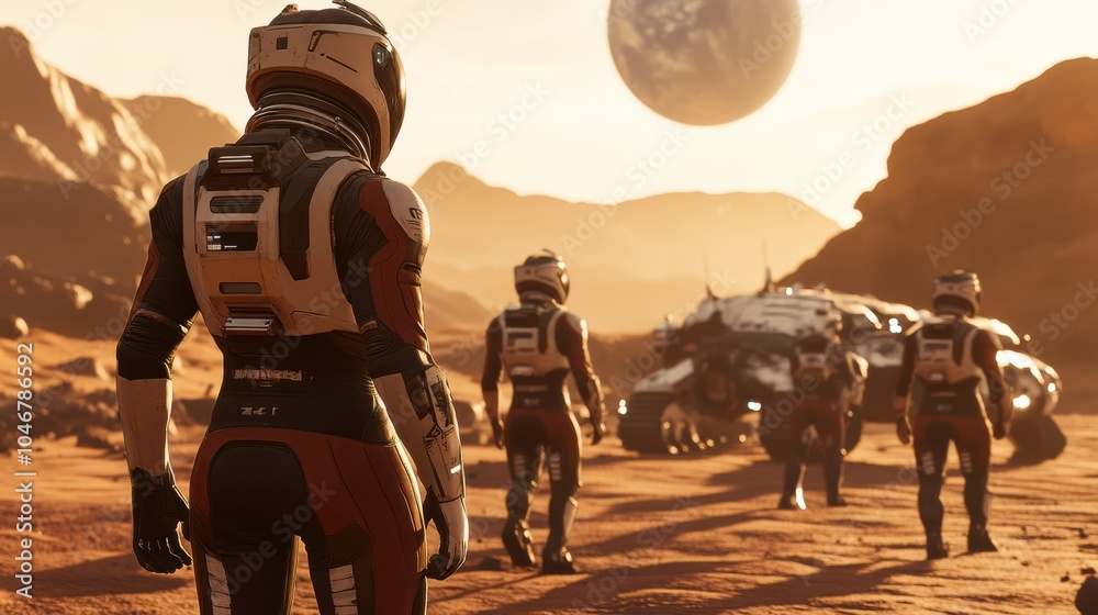 Poster a group of astronauts walks rugged terrain on mars, approaching their rover as the sun sets behind d