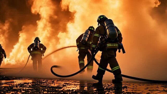 Firefighters fight against high flames with water hoses outdoor in nature - Emergency concept - Models by AI generative
