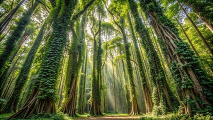 towering trees with sprawling vines and creepers in the background, verdant, botanical