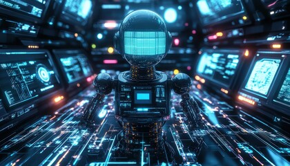 Robotic AI entity surrounded by glowing data streams and holographic screens