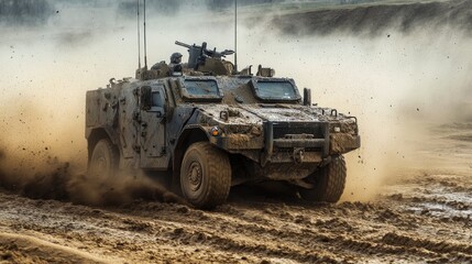 Fototapeta premium A military vehicle powers through a dusty battlefield, covered in mud and grime as it navigates the chaos of combat
