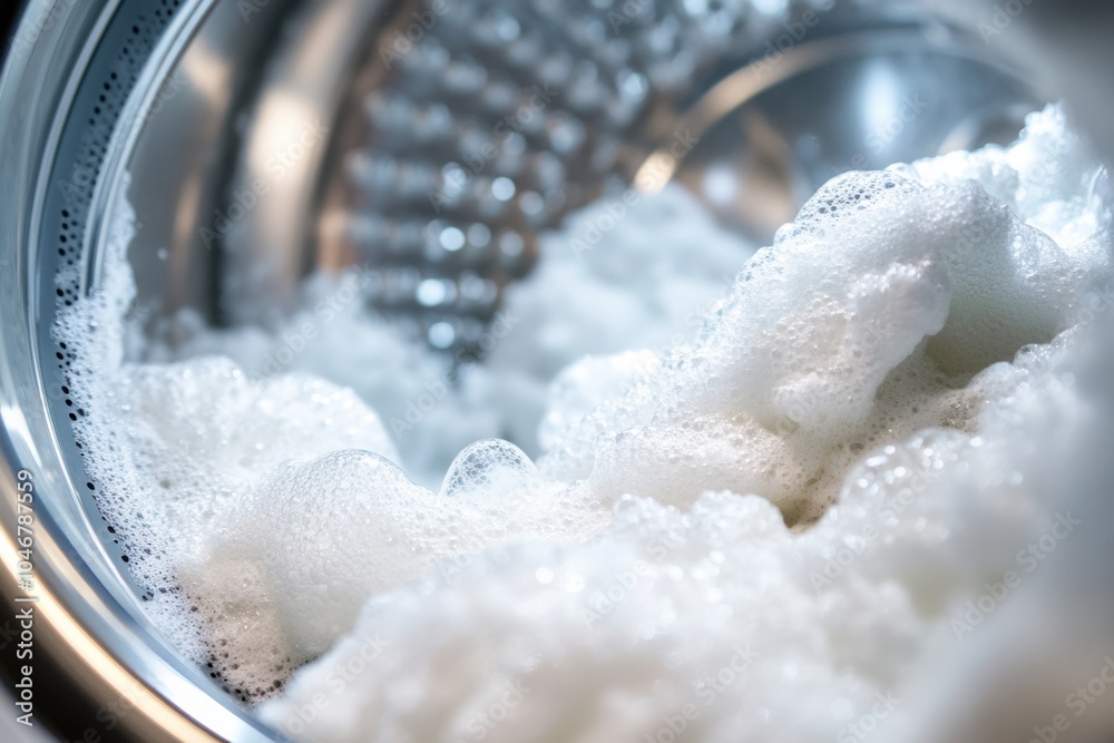 Poster a washing machine drum is packed with fluffy, white towels immersed in bubbly water during the laund