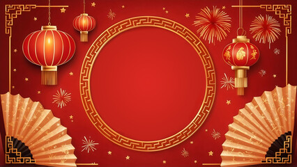 Beautiful vibrant Chinese New Year card with line ornate border and round frame, red hanging lanterns, fireworks and stars, on red background with folding fans, traditional temple silhouette buildings