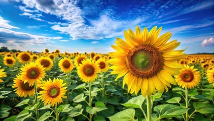 Vibrant sunflower field with tall yellow blooms and a blue sky for a bright and cheerful atmosphere, yellow, field, orange