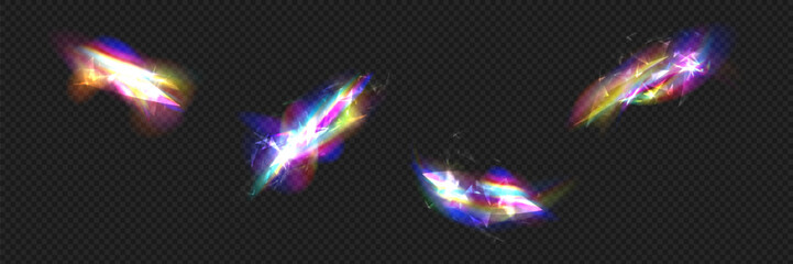 Rainbow refraction overlay effect. Light lens prism effect on transparent background. Crystal flare leak shadow overlay. Holographic reflection. Vector illustration.