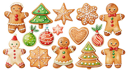 Christmas decoration food cookies and treats, gingerbread man, Christmas tree, and colorful candies on transparent background