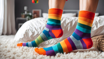 Feet of happy   in winter socks lying together on couch in living room. conncept holiday socks generative ai.