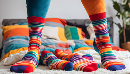 Feet of happy   in winter socks lying together on couch in living room. conncept holiday socks generative ai.