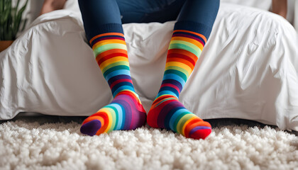 Feet of happy   in winter socks lying together on couch in living room. conncept holiday socks generative ai.
