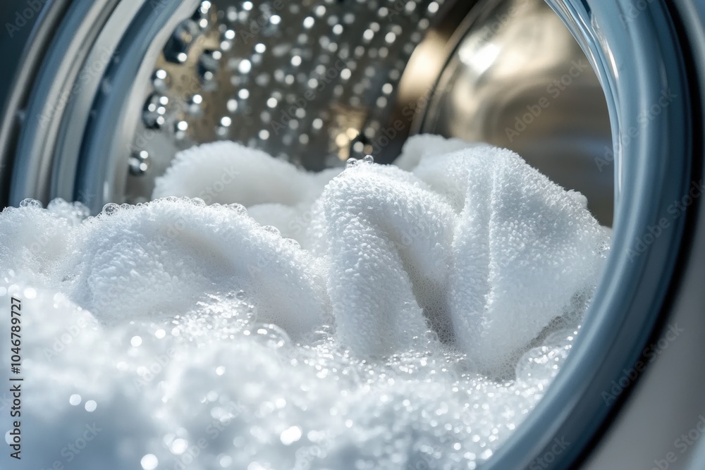 Poster the washing machine drum showcases a pile of white towels surrounded by bubbles during a cleaning cy