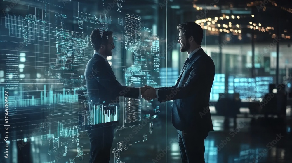 Poster Two men shake hands in front of a computer screen with a lot of numbers