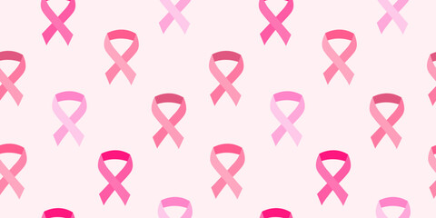 Breast cancer awareness month. Seamless pattern with pink ribbons of different shades on pink background. Concept of struggle and hope, women's health.