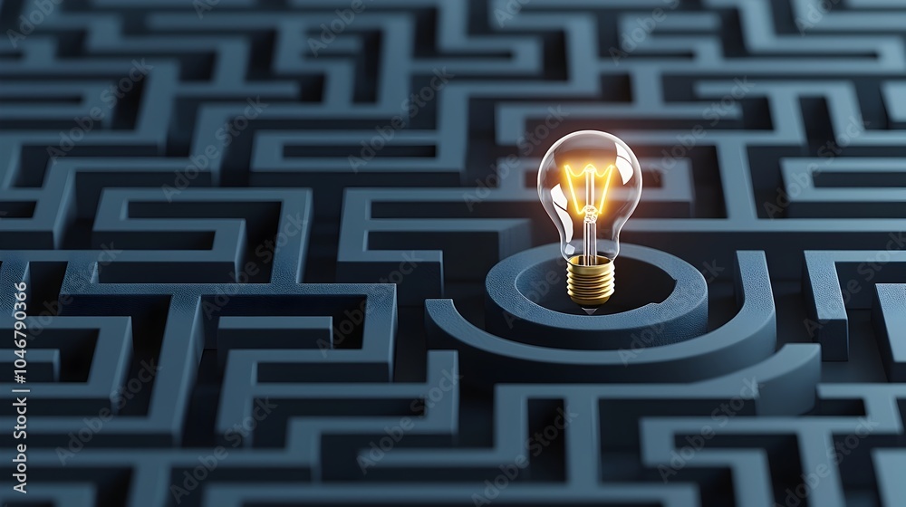 Aufkleber Glowing Light Bulb at the Center of a Maze on a Dark Blue Background Representing the Concept of Creativity and Problem Solving
