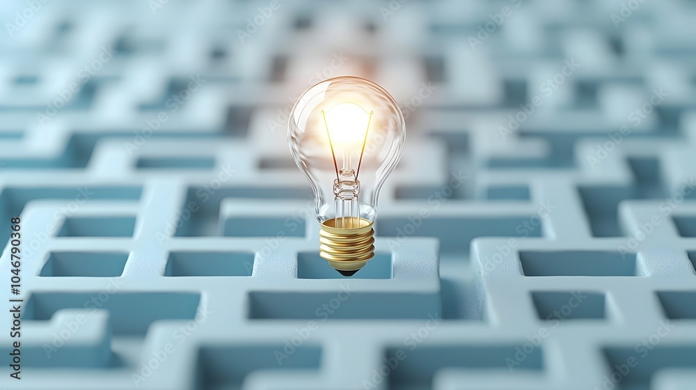 Poster Close up view of a maze structure with a bright light bulb at the exit set against a blue and white background symbolizing breakthroughs idea creative problem solving