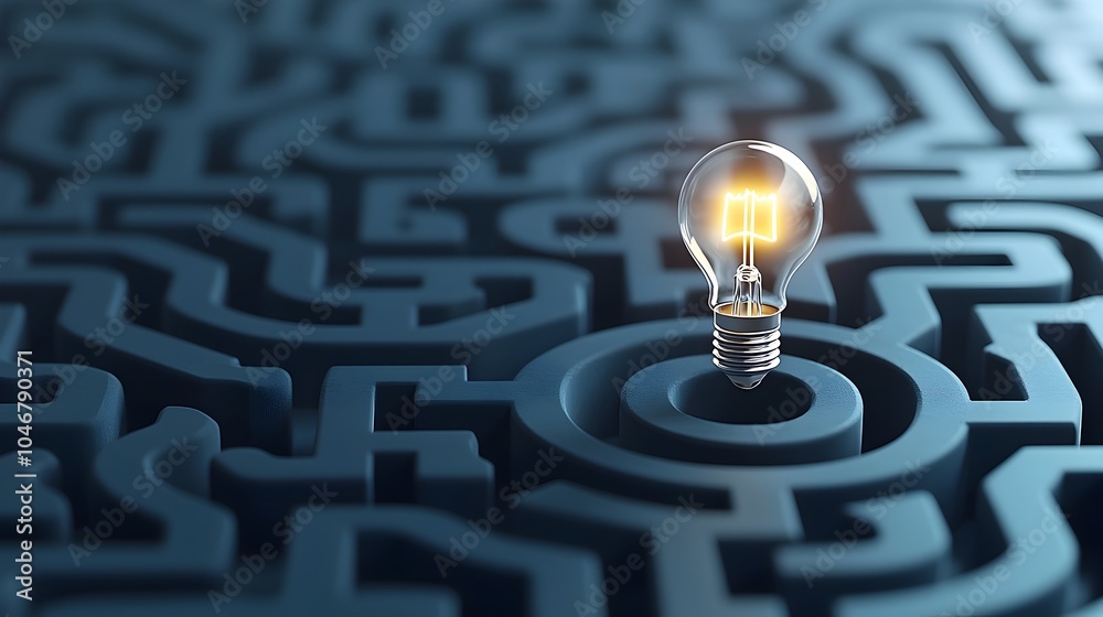 Aufkleber Glowing light bulb in the center of a maze against a dark blue background representing the creative process and the journey to solve problems and find solutions