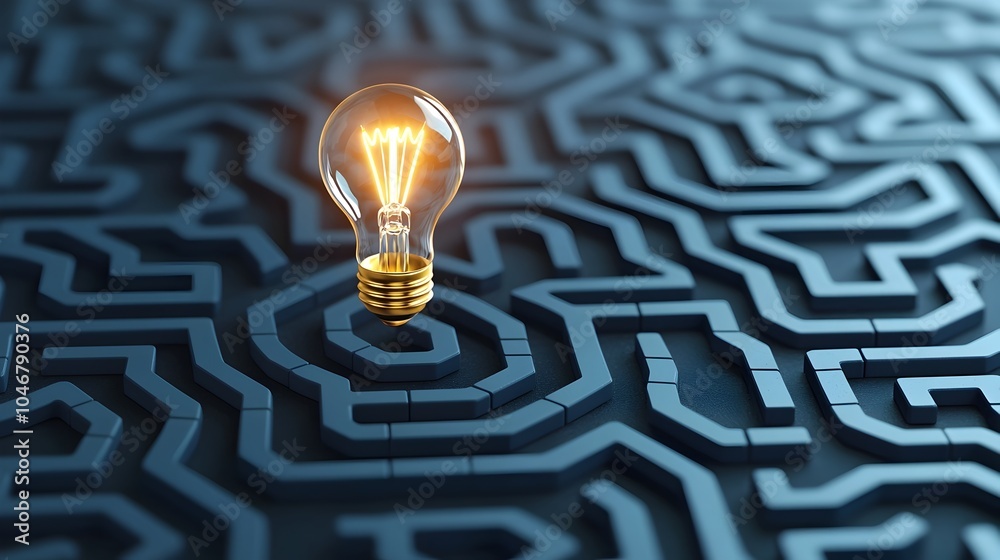 Poster Glowing light bulb at the center of a maze on a dark blue background symbolizing the creative process and problem solving in an idea concept  The image represents the journey of finding solutions