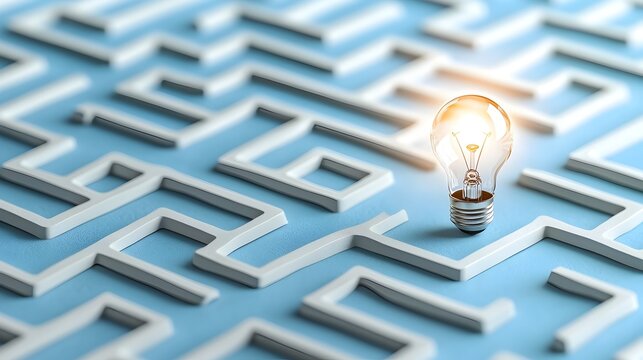 Close up view of a maze with a bright light bulb at the exit set against a blue and white background representing the concept of breakthroughs problem solving and the of new ideas