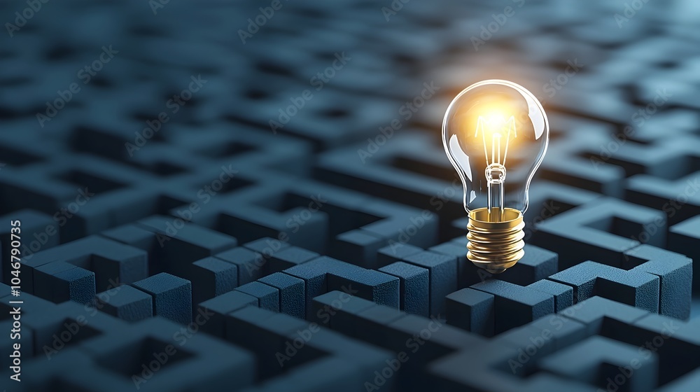 Fototapete A maze with a shining light bulb on a dark blue background representing the process of solving complex problems and generating new ideas through creative thinking innovation and strategic planning