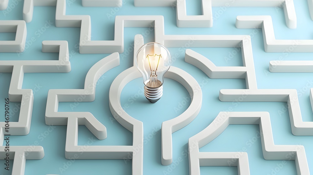 Poster Generative concept featuring a light bulb at the center of a labyrinth on a blue and white background representing the process of problem solving and discovery