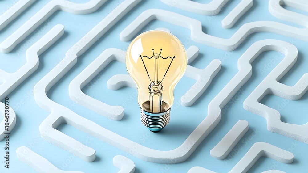 Poster Generative AI Rendered Depicting a Glowing Light Bulb at the Center of a Labyrinth Symbolizing Innovative Problem Solving