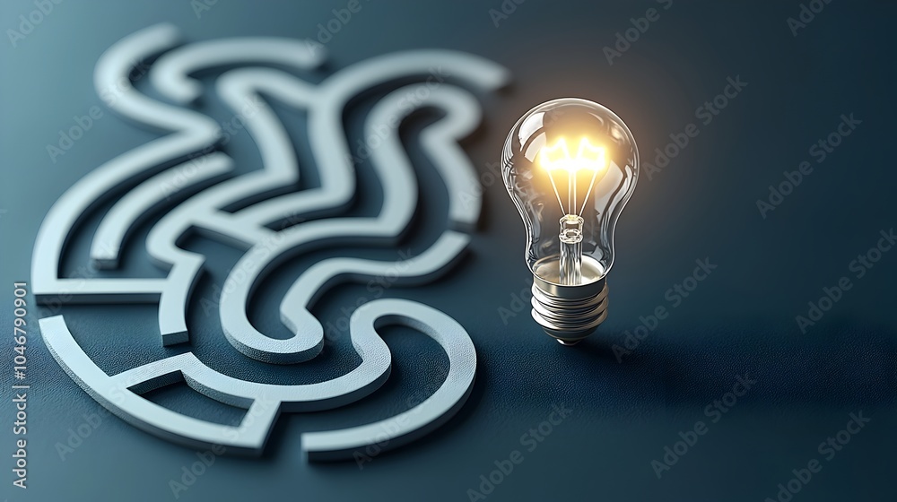 Poster a labyrinth of dark blue pathways leading to a bright illuminating light bulb representing the break