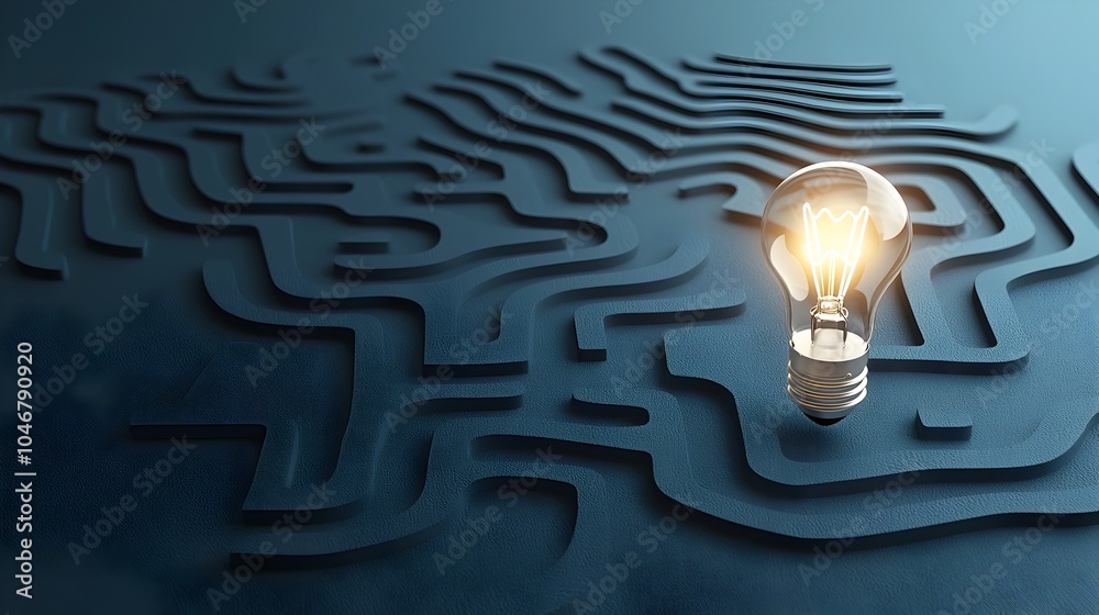 Poster bright light bulb shining through a complex labyrinth representing the illumination of creative idea