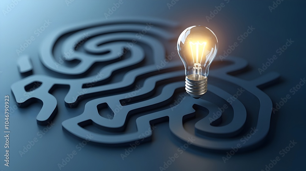 Aufkleber a complex geometric labyrinth with a glowing light bulb illuminating the pathways on a dark blue bac