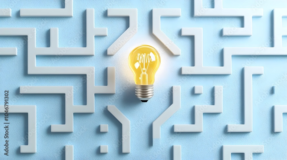 Poster Creative concept with a light bulb in the center of a maze on a blue and white background symbolizing the process of idea finding innovative solutions