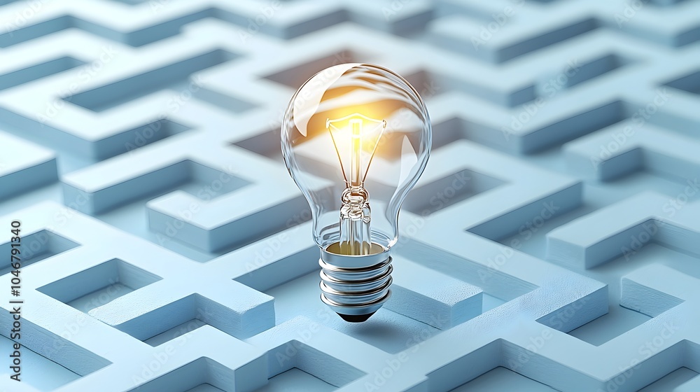 Aufkleber glowing light bulb shining in the center of an intricate maze design on a blue and white background 
