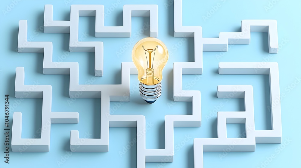 Leinwandbilder innovative concept symbolizing idea and problem solving with a light bulb at the center of a maze on