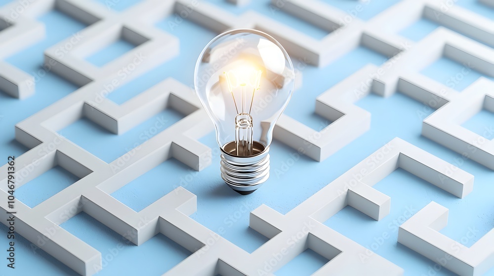 Leinwandbilder Conceptual image depicting a light bulb in the center of a maze on a blue and white background symbolizing the process of idea strategic thinking