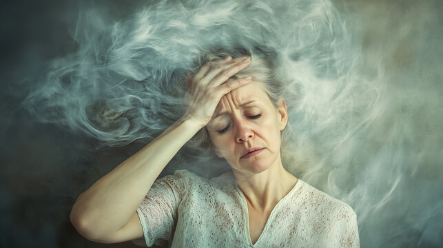 A middle aged woman holds her head, looking as though she is in discomfort or exhaustion, landscape format 16:9