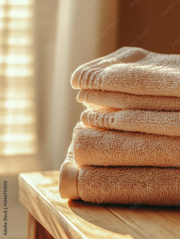 Aufkleber a stack of soft beige towels rests on a wooden countertop, illuminated by gentle morning sunlight st