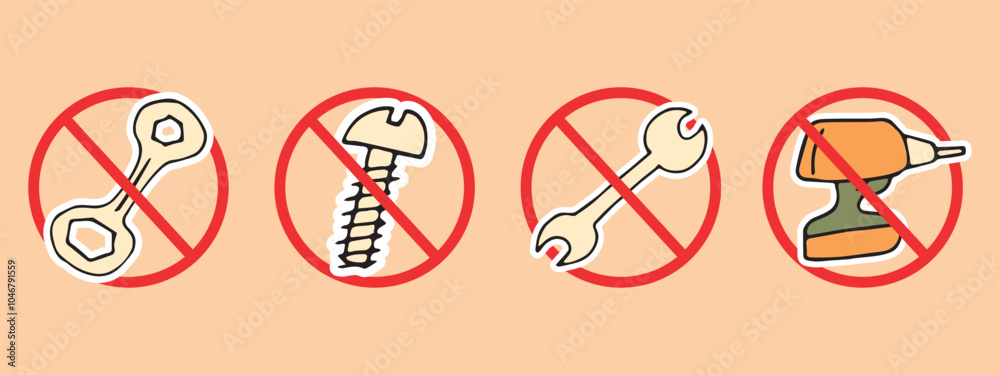 Wall mural tools. wrench. the ban on tools. you cannot use construction tools. a hammer. ruler. the icon. vecto