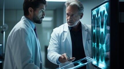 Fototapeta premium a male doctor and a humanoid robot working together in a hospital setting