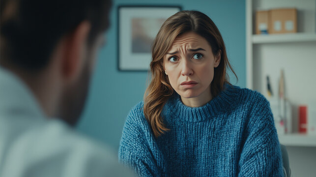 A woman in a doctors office looks worried, afraid or exasperated as she tries to explain her symptoms to a sceptical doctor, hidden illness, landscape format 16:9