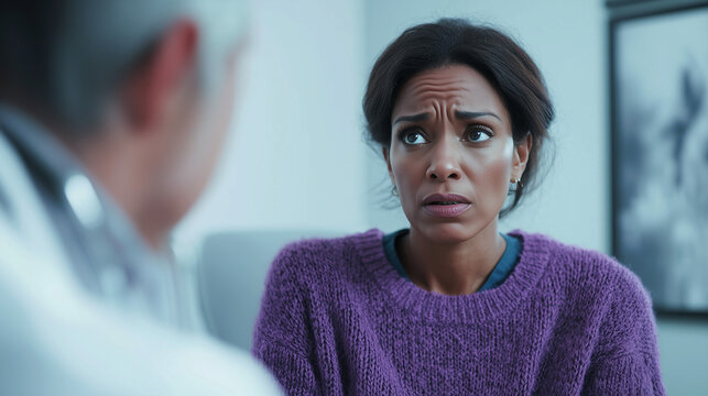 A woman in a doctors office looks worried or exasperated as she tries to explain her symptoms to a sceptical doctor, hidden illness, landscape format 16:9