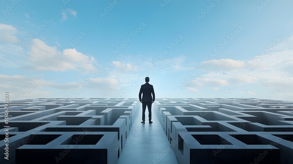 Poster silhouetted businessman standing at the opening of a maze like corporate landscape symbolizing the p