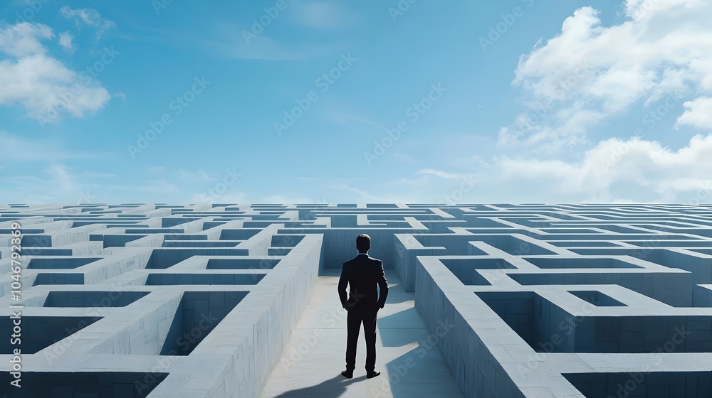 Aufkleber silhouetted businessman facing the maze s opening with blue sky overhead symbolizing the pursuit of 