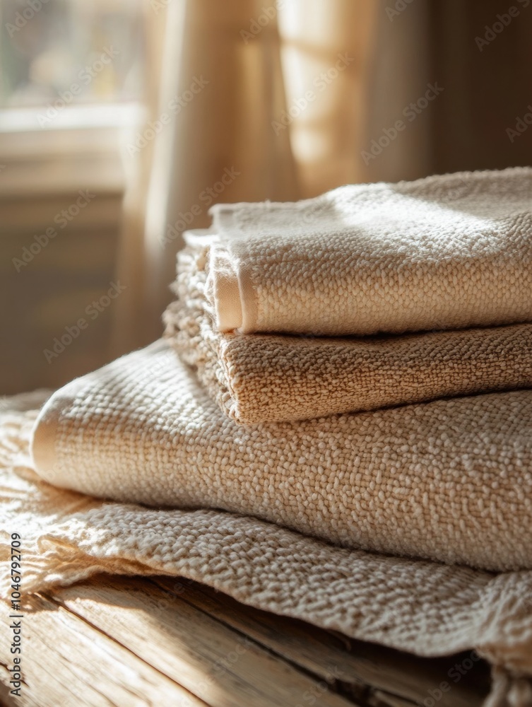 Aufkleber Cozy, soft towels are elegantly arranged on a weathered wooden table, bathed in warm afternoon light streaming through a window. Generative AI