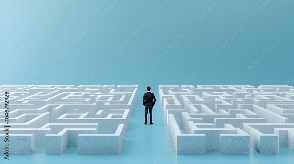 Poster formal businessman standing at the entrance of an intricate maze with a blue background highlighting