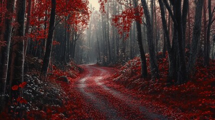 Fototapeta premium Forest path with a blanket of red leaves