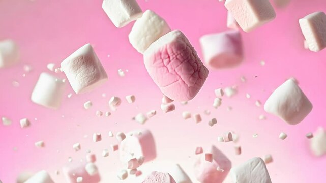 Lots of white and pink marshmallows are falling down