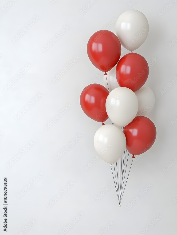 Poster Elegant group of bright red and white 3D balloons floating gracefully on a white background creating a minimalistic and joyful for new year or other special occasions