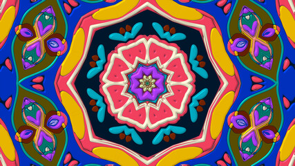 Abstract colorful psychedelic mandala kaleidoscope background pattern for a summer music festival