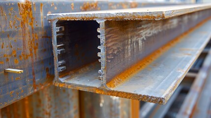 Close-up of a stack of rusty metal beams.