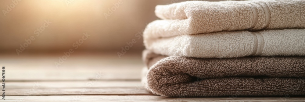 Aufkleber Three neatly folded towels in soft colors are stacked on a wooden surface, illuminated by gentle, warm light from above. Generative AI